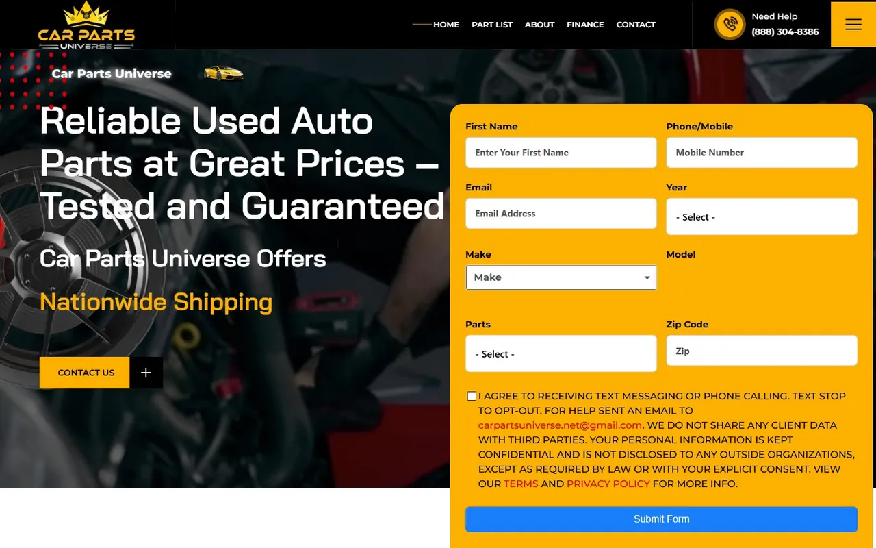 Car Parts Universe website on desktop