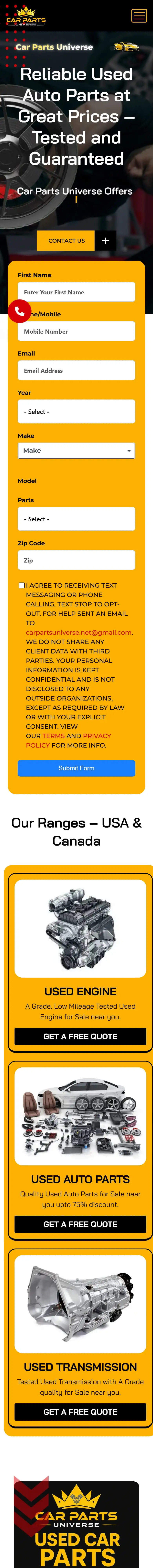 The Car Parts Universe homepage on a phone