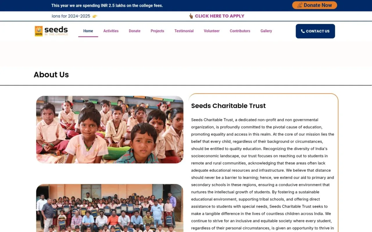 Seeds Charitable Trust website on desktop